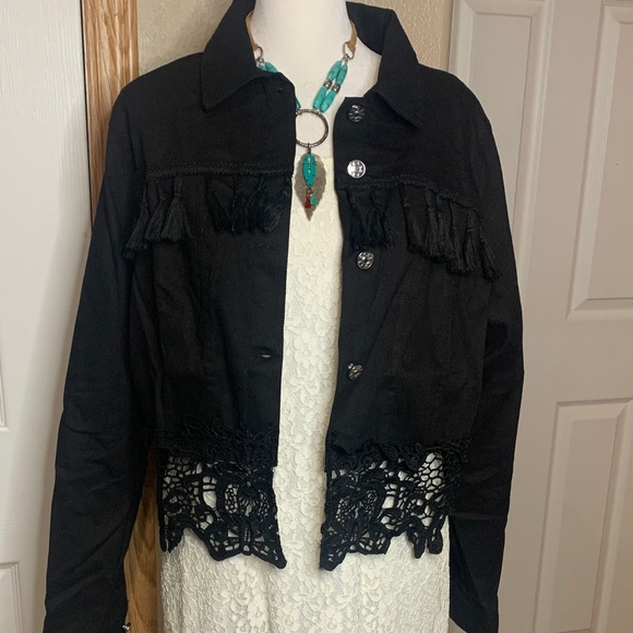 BLACK Denim Button Up Collared Jacket with Tassels and Lace Trim Size X-Large - Picture 4 of 8